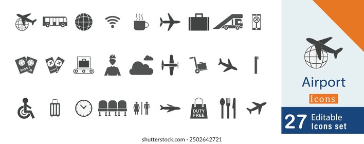 Airport Icons black vector illustration design.  airplane,  ticket, boarding pass,  taxi, shuttle bus, briefcase and more vector illustration