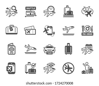 Airport icons. Boarding pass, Baggage claim, Arrival and Departure. Connecting flight, tickets, pre-order food icons. Passport control, airport baggage carousel, inflight wifi. Vector