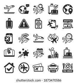 Airport icons. Boarding pass, Baggage claim, Arrival and Departure. Connecting flight, tickets, pre-order food icons. Passport control, airport baggage carousel, inflight wifi. Flat icon set. Vector