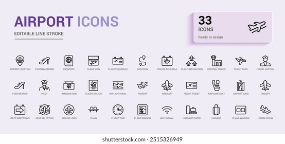 Coleção de ícones do aeroporto. Cartão de embarque, viajante. Coleção de ícones de estrutura de tópicos, ícone de linha para Web e interface do usuário. Ilustração vetorial. Os nomes dos ícones são escritos em inglês.