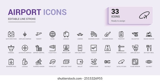 Coleção de ícones do aeroporto. Cartão de embarque, viajante. Coleção de ícones de estrutura de tópicos, ícone de linha para Web e interface do usuário. Ilustração vetorial. Os nomes dos ícones são escritos em inglês.