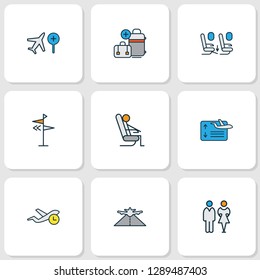 Airport icons colored line set with direction, flight board, toilets and other wc elements. Isolated vector illustration airport icons.