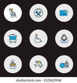 Airport icons colored line set with bus, airport reception, stewardess and other departure
elements. Isolated vector illustration airport icons.
