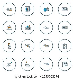 Airport icons colored line set with hanging board, flight direction, airport worker and other pregnancy
 elements. Isolated vector illustration airport icons.