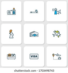 Airport icons colored line set with flatbed truck, travel tour, food court and other cashier elements. Isolated vector illustration airport icons.