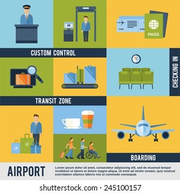 Airport icons decorative set with custom control transit zone boarding checking in isolated vector illustration