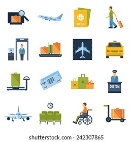 Airport icons flat set with baggage check airplane security control isolated vector illustration