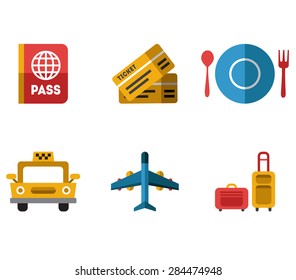Airport icons flat set with baggage check airplane security control isolated vector illustration