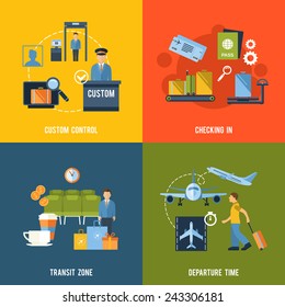 Airport icons flat set with custom control checking in transit zone departure time isolated vector illustration