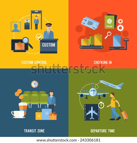 Airport icons flat set with custom control checking in transit zone departure time isolated vector illustration