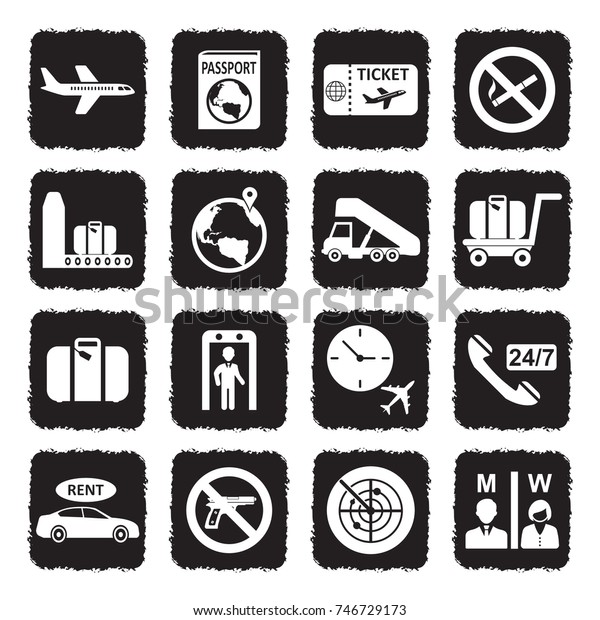 Airport Icons. Grunge Black Flat Design. Vector\
Illustration. 