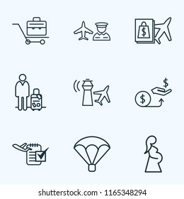 Airport icons line style set with man with travel bag, briefcase, parachute and other organizer elements. Isolated vector illustration airport icons.