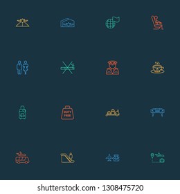 Airport icons line style set with globe with flag, gates, airport shuttle and other captain elements. Isolated vector illustration airport icons.