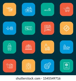 Airport icons line style set with globe with pin, briefcase, compass and other suitcase
elements. Isolated vector illustration airport icons.