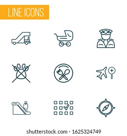 Airport icons line style set with no animals, search flight, stroller and other captain elements. Isolated vector illustration airport icons.