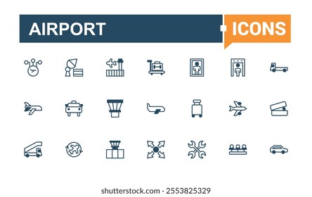 Airport icons in linear style. Contains such icons as travel, aviation, flight, aircraft, air, airline, airplane and more. Minimal linear icons. Outline and solid pictogram.