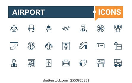 Airport icons in linear style. Contains such icons as travel, aviation, flight, aircraft, air, airline, airplane and more. Minimal linear icons. Outline and solid pictogram.