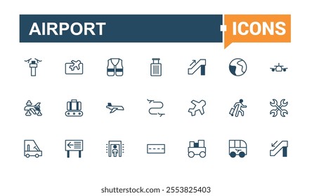 Airport icons in linear style. Contains such icons as travel, aviation, flight, aircraft, air, airline, airplane and more. Minimal linear icons. Outline and solid pictogram.