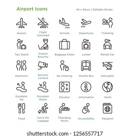 Airport Icons - Outline styled icons, designed to 48 x 48 pixel grid. Editable stroke.