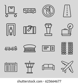 Airport icons set. set of 16 airport outline icons such as runway, luggage, metal gate detector, no phone, sofa, ticket, truck with luggage, plane seats, arrival table