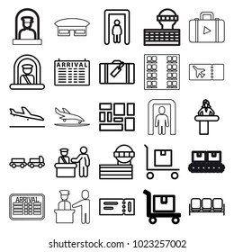 Airport icons. set of 25 editable outline airport icons such as plane landing, luggage, pass control, metal gate detector, sofa, ticket, truck with luggage, arrival table