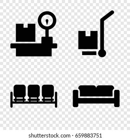 Airport icons set. set of 4 airport filled icons such as sofa, cargo on cart