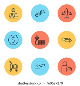 Airport Icons Set With Airliner, Crossroad, Suitcase Pushcart And Other Globetrotter Elements. Isolated Vector Illustration Airport Icons.