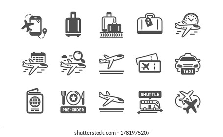 Airport icons set. Baggage claim, Boarding pass, Arrival and Departure. Connecting flight, tickets, pre-order food icons. Passport control, airport baggage carousel, inflight wifi. Quality set. Vector