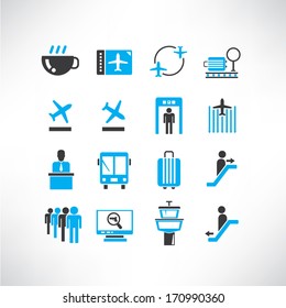 airport icons set, black and blue color theme icons