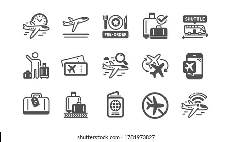 Airport icons set. Boarding pass, Baggage claim, Departure. Connecting flight, tickets, pre-order food icons. Passport control, airport baggage carousel, inflight wifi. Quality set. Vector