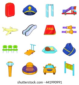 Airport icons set in cartoon style isolated on white background