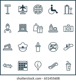 Airport Icons Set. Collection Of Airfield Manufacture, Internet Ticket, Stair Lift And Other Elements. Also Includes Symbols Such As Globe, Mobile, Checked.