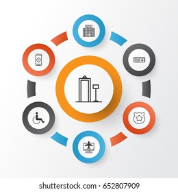 Airport Icons Set. Collection Of Call Duration, Cop Symbol, Airport Card And Other Elements. Also Includes Symbols Such As Metal, Card, Disabled.