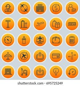 Airport Icons Set. Collection Of Flight Path, Airliner, Airport Card And Other Elements. Also Includes Symbols Such As Exchange, Administrator, Sign.