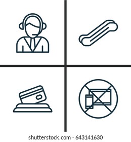 Airport Icons Set. Collection Of Forbidden Mobile, Credit Card, Operator And Other Elements. Also Includes Symbols Such As Operator, Walkway, Mobile.