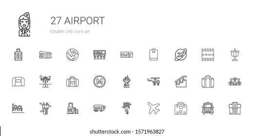 airport icons set. Collection of airport with luggage, plane, helicopter, bus, suitcase, control tower, stairs, pilot, metro, runway, hangar. Editable and scalable airport icons.