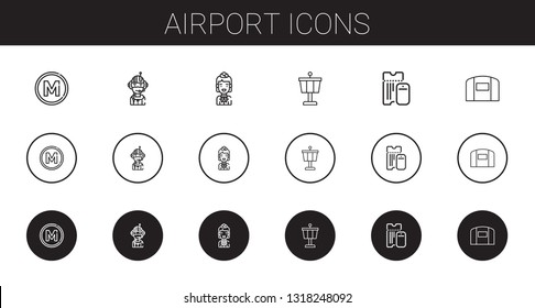 airport icons set. Collection of airport with metro, pilot, stewardess, control tower, boarding pass, hangar. Editable and scalable airport icons.