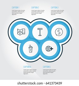 Airport Icons Set. Collection Of Money Trasnfer, Drink Cup, Road Map And Other Elements. Also Includes Symbols Such As Sign, Travel, Drink.