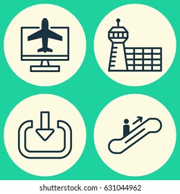 Airport Icons Set. Collection Of Moving Staircase, Internet Ticket, Airport Building And Other Elements. Also Includes Symbols Such As Booking, Moving, Building.