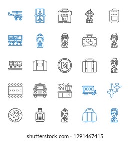 airport icons set. Collection of airport with pilot, luggage, stewardess, suitcase, travel, plane, bus, runway, metro, hangar, seats, marshall. Editable and scalable airport icons.