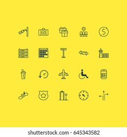 Airport Icons Set. Collection Of Plane Schedule, Locate, Calculation And Other Elements. Also Includes Symbols Such As Scanner, Road, Gift.