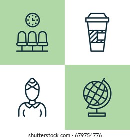 Airport Icons Set. Collection Of Seats, Takeaway Coffee, Hostess And Other Elements. Also Includes Symbols Such As Coffee, Hostess, Takeaway.