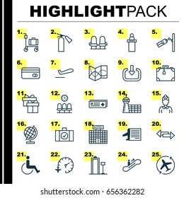 Airport Icons Set. Collection Of Security Scanner, Timetable, Hostess And Other Elements. Also Includes Symbols Such As Extinguisher, Hostess, Repeat.