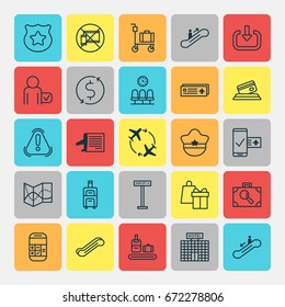 Airport Icons Set. Collection Of Shopping, Airport Card, Cop Symbol And Other Elements. Also Includes Symbols Such As Down, Pushcart, Credit.