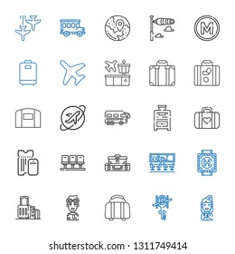 airport icons set. Collection of airport with stewardess, helicopter, luggage, pilot, suitcase, heliport, seats, boarding pass, bus, travel. Editable and scalable airport icons.