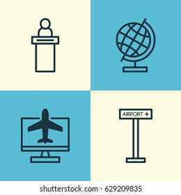 Airport Icons Set. Collection Of World Sphere, Airplane Information, Internet Ticket And Other Elements. Also Includes Symbols Such As Administrator, Booking, Globe.