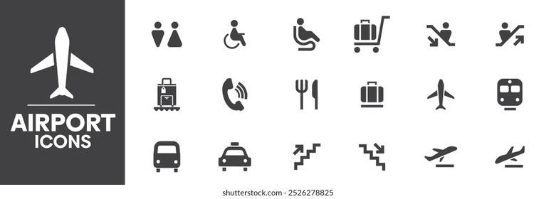 Airport Icons Set, Containing All Airport Icons Outlines, Vector Illustration Collection Editable eps10