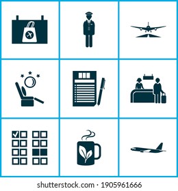 Airport icons set with duty free sign, airport worker man, tax free return board and other teacup elements. Isolated vector illustration airport icons.