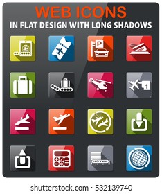 airport icons set in flat design with long shadow