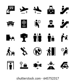 Airport icons set in flat style. Vector symbols.